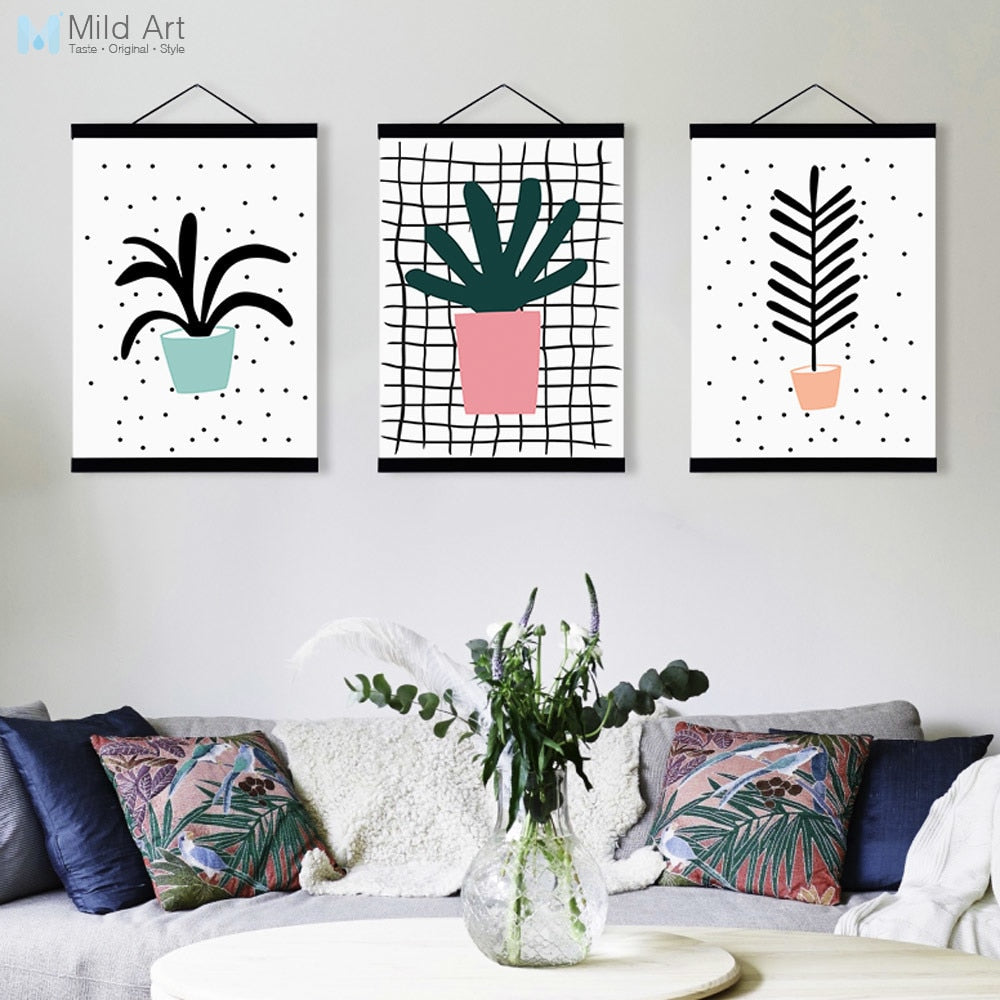 Modern Cute Green Plant Cactus Leaf A4 Wooden Framed Poster Nordic Wall Art Living Room Picture Home Deco Canvas Painting Scroll
