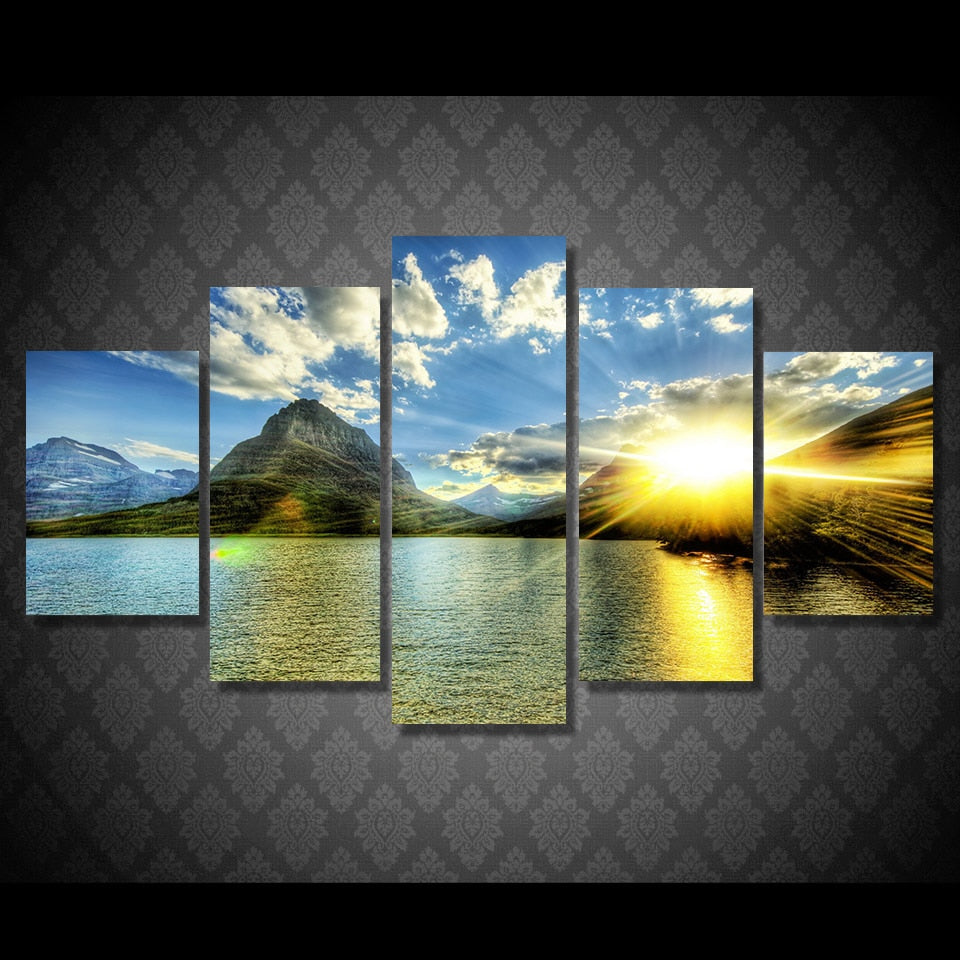 HD Posters Wall Art Modern Pictures Home Decoration Frame 5 Panel Sunrise Mountain Landscape Living Room Printed Painting