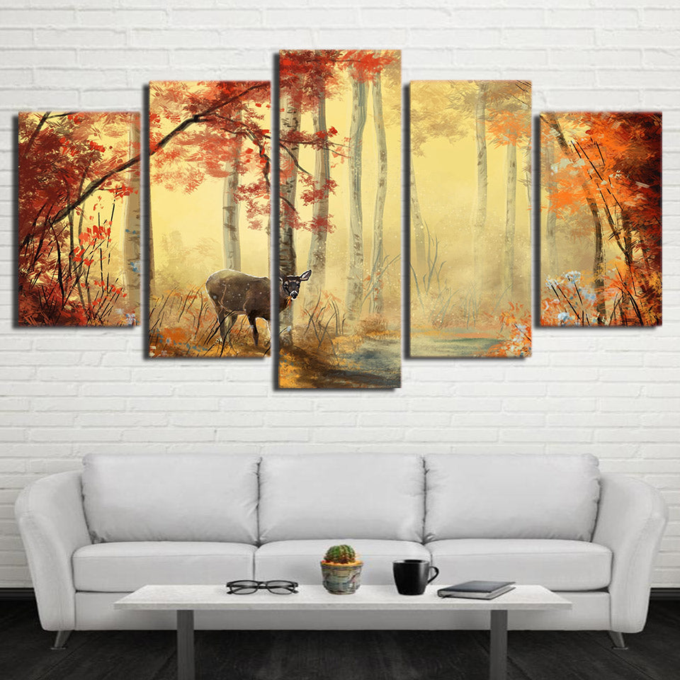 5 Piece Canvas Art Red Maple Forest Canvas Painting Deer Canvas Animal Home Decor Wall Pictures For Living Room NY-7370C