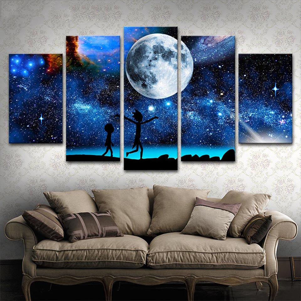 Home Decor HD Printed Paintings Modular Posters 5 Panel Starry Sky Rick And Morty Tableau Wall Art Modern Pictures Canvas