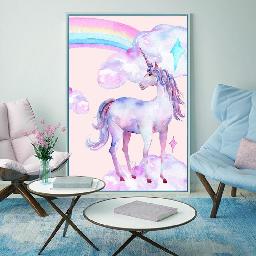 No Frame Nordic Rainbow and Horse Pictures Watercolor posters and Prints Unicorn Canvas Painting Kids