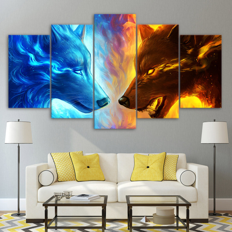 Fire and Ice by JoJoesArt HD print 5 piece canvas art 2 wolf wolvesWall Art Picture Home Decoration CU-3091C