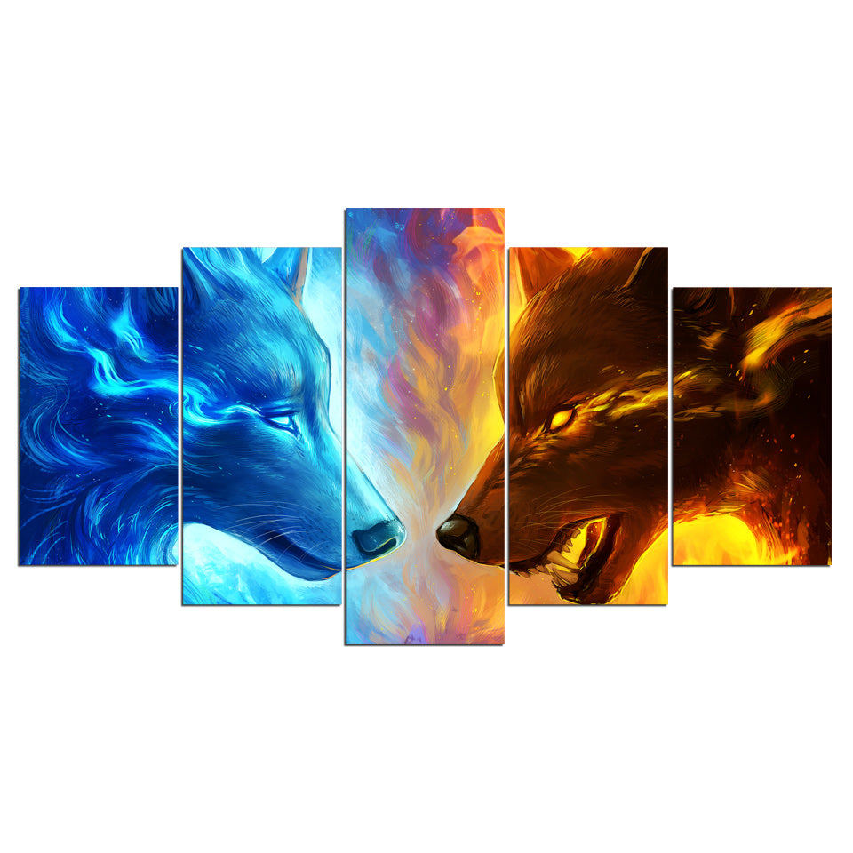Fire and Ice by JoJoesArt HD print 5 piece canvas art 2 wolf wolvesWall Art Picture Home Decoration CU-3091C