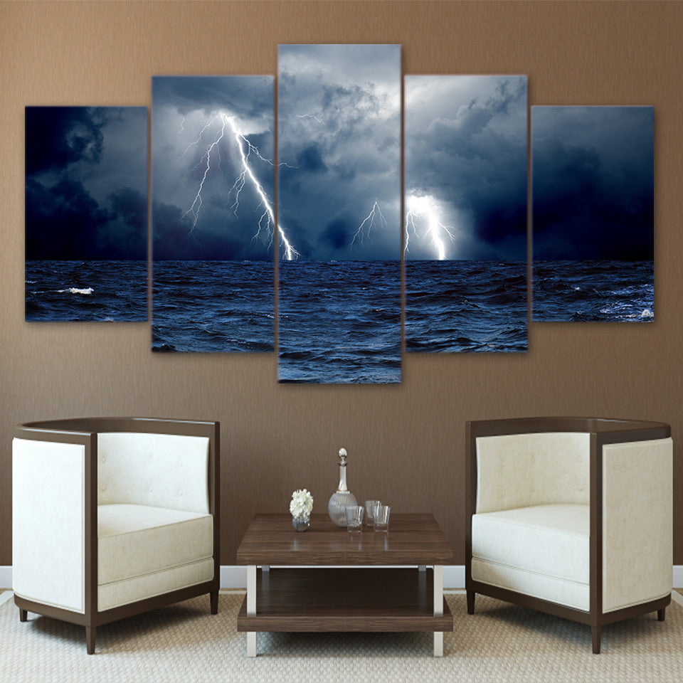 HD Printed 5 Piece Canvas Art Lightning Sea ocean storm painting Wall Pictures for Living Room Modern Free Shipping NY-7384C