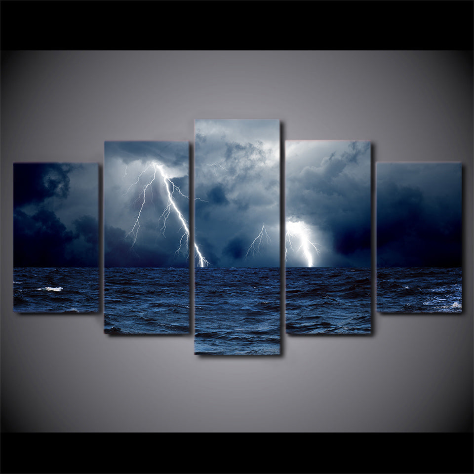 HD Printed 5 Piece Canvas Art Lightning Sea ocean storm painting Wall Pictures for Living Room Modern Free Shipping NY-7384C