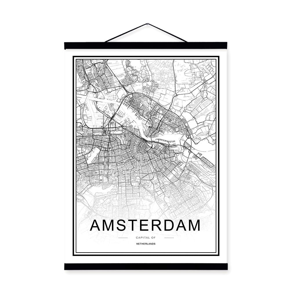 Black White Moscow Paris Berlin World City Map Wooden Framed Posters Scroll Wall Art Pictures Nordic Home Decor Canvas Painting