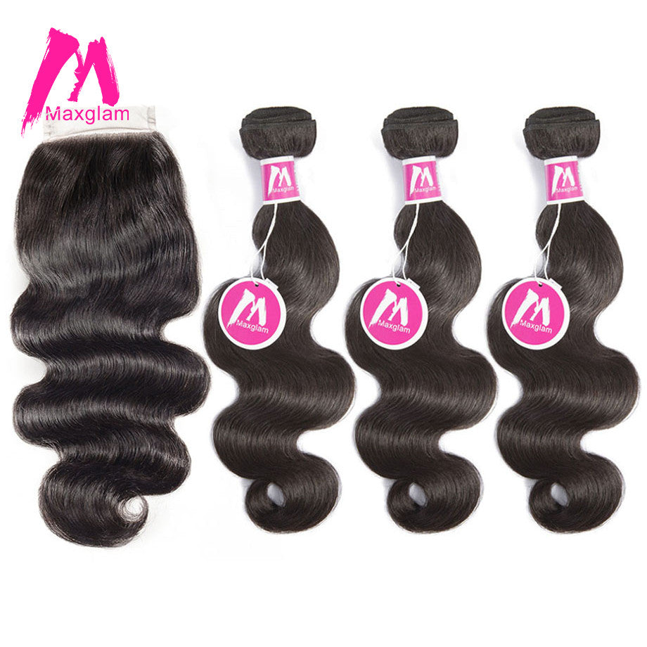 Maxglam Human Hair Bundles With Closure Deal Brazilian Body Wave Remy Hair Weave Bundles With Closure Free Shipping