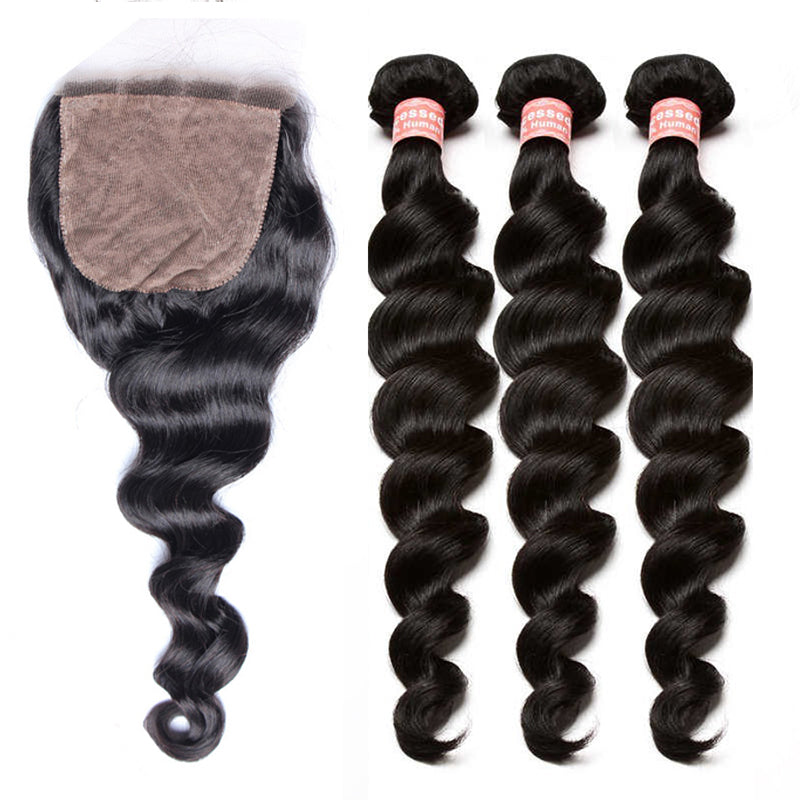 3 Human Hair Bundles With Silk Base Closure 4Pcs Brazilian Human Hair Weave Bundles With Closures Pre Plucked Prosa Remy