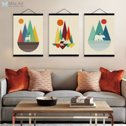 Colorful Geometric Abstract Mountain Forest Animal Wooden Framed Nordic Wall Art Picture Poster Home Deco Canvas Painting Scroll
