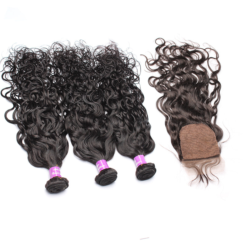 Brazilian Virgin Hair With Silk Base Closure Water Wave Bundles With Closure 4Pcs Bleached Knots Prosa Products