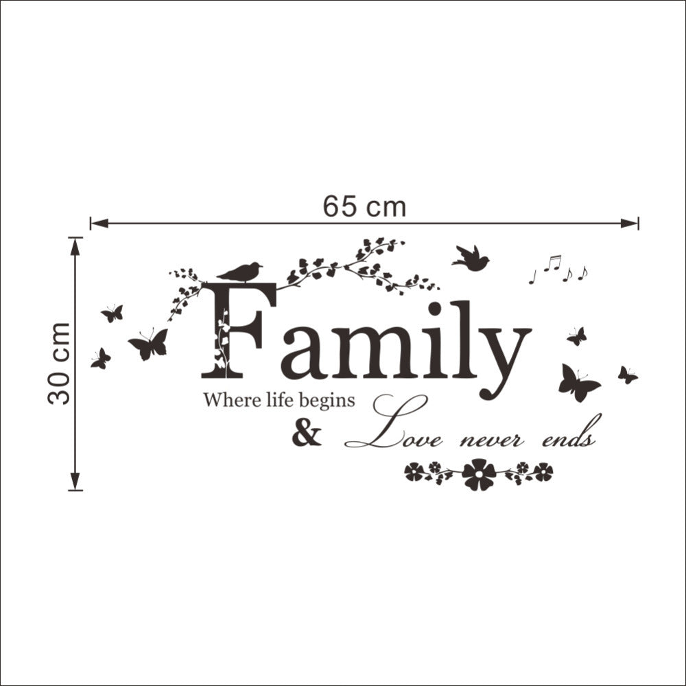 Family Love Never Ends Quote vinyl butterfly Wall Decal Wall Lettering Art Words Wall Sticker Home Decor Wedding Decoration 8346
