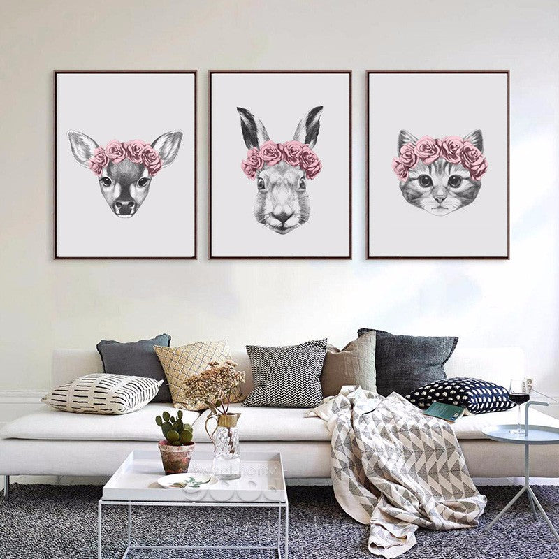 Hand Draw Animals Art Print Painting Poster, Rabbit and Deer and Cat Wall Pictures for Home Decoration Wall Decor FA403