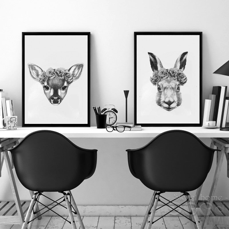 Hand Draw Animals Art Print Painting Poster, Rabbit and Deer and Cat Wall Pictures for Home Decoration Wall Decor FA403