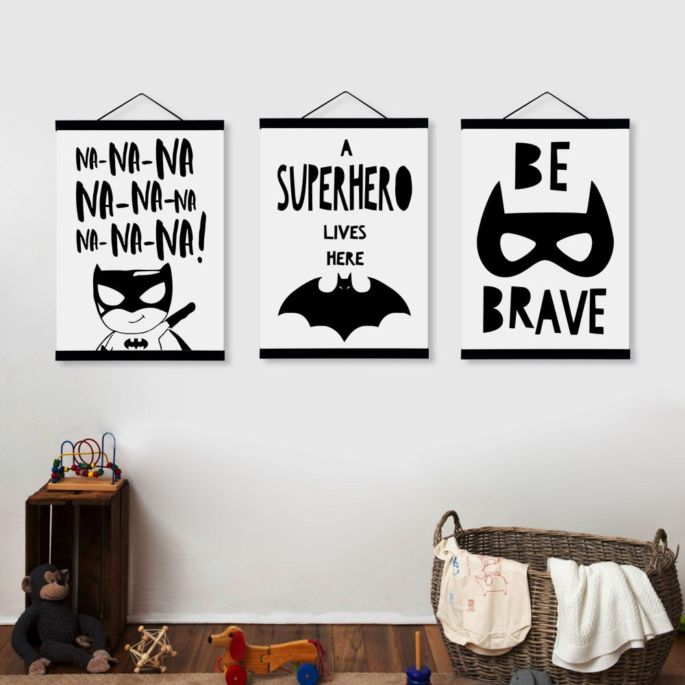 Kawaii Black and White Batman Posters Nordic Style Kids Room Decor Quotes Scroll Wall Art Pictures Wooden Framed Canvas Painting