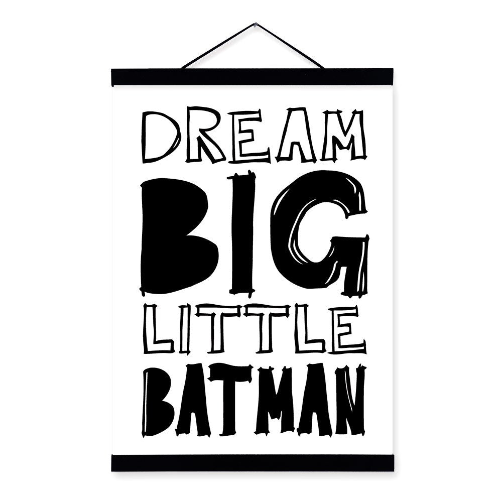 Kawaii Black and White Batman Posters Nordic Style Kids Room Decor Quotes Scroll Wall Art Pictures Wooden Framed Canvas Painting