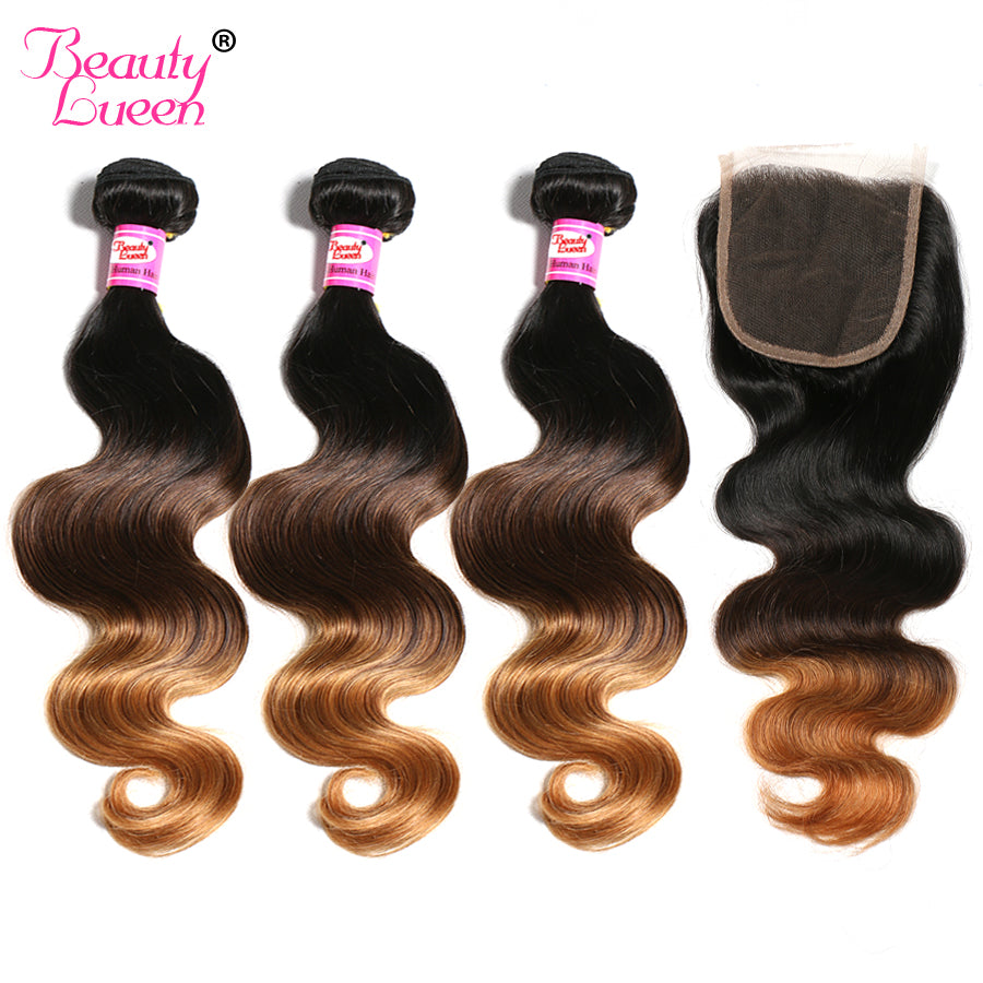 Malaysian Body Wave Bundles With Closure 1b/4/30 Ombre Human Hair 3 Bundles With Closure Non Remy Beauty Lueen Hair Extensions