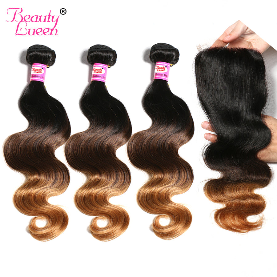 Malaysian Body Wave Bundles With Closure 1b/4/30 Ombre Human Hair 3 Bundles With Closure Non Remy Beauty Lueen Hair Extensions