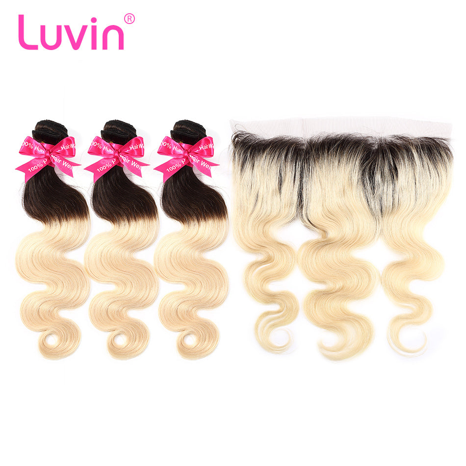 Luvin Ombre BlondeT#1B/#613 Body Wave Brazilian Human Hair Bundles With Closure 3 Bundles Remy Hair and 1PC Lace Frontal Closure