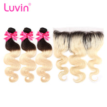 Load image into Gallery viewer, Luvin Ombre BlondeT#1B/#613 Body Wave Brazilian Human Hair Bundles With Closure 3 Bundles Remy Hair and 1PC Lace Frontal Closure

