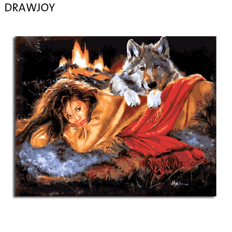 DRAWJOY Framed DIY Wall Paint Pictures Painting By Numbers Of Beauty Lady And Wolf Oil Painting Home Decor For Living Room