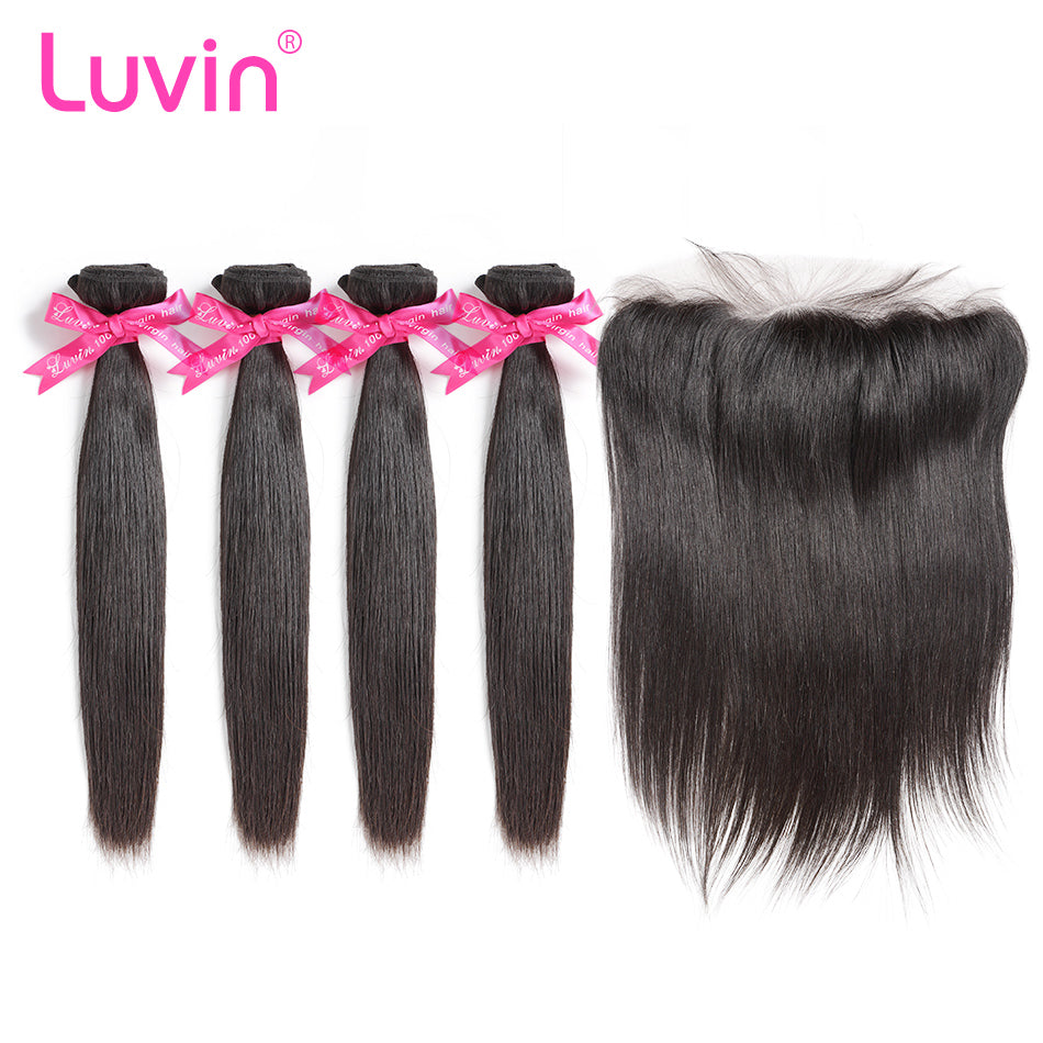 Luvin Virgin Hair Weave Peruvian hair Bundles With Closure Human Hair 4 Bundles With Frontal Closure Straight Hair Extension