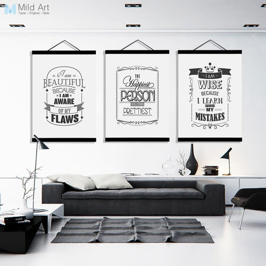 Black White Typography Motivational Quotes Wooden Framed Poster Nordic Wall Art Print Picture Home Decor Canvas Painting Scroll