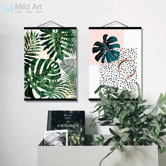 Green Plants Monstera Leaf Wooden Framed Poster Print Scandinavian Living Room Wall Art Picture Home DecorCanvas Painting Scroll