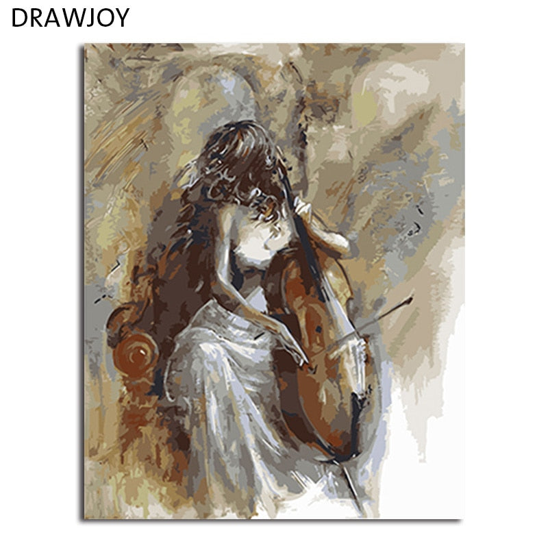DRAWJOY Framed Picture DIY Painting By Numbers Canvas Oil Painting Beauty Lady and Cello Wall Art For Living Room