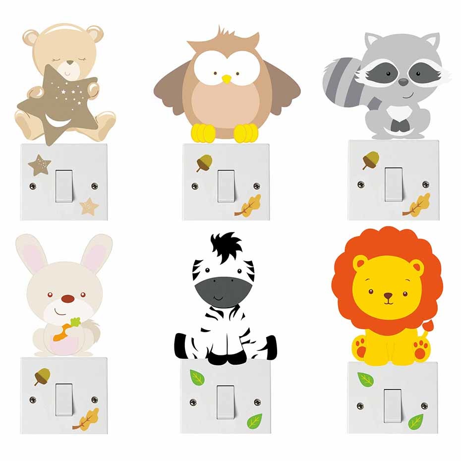 Cartoon Animal Bear Owl Zebra Color Light Switch Wall Stickers For Kids Rooms Wall Art