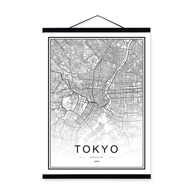 Black White Moscow Paris Berlin World City Map Wooden Framed Posters Scroll Wall Art Pictures Nordic Home Decor Canvas Painting