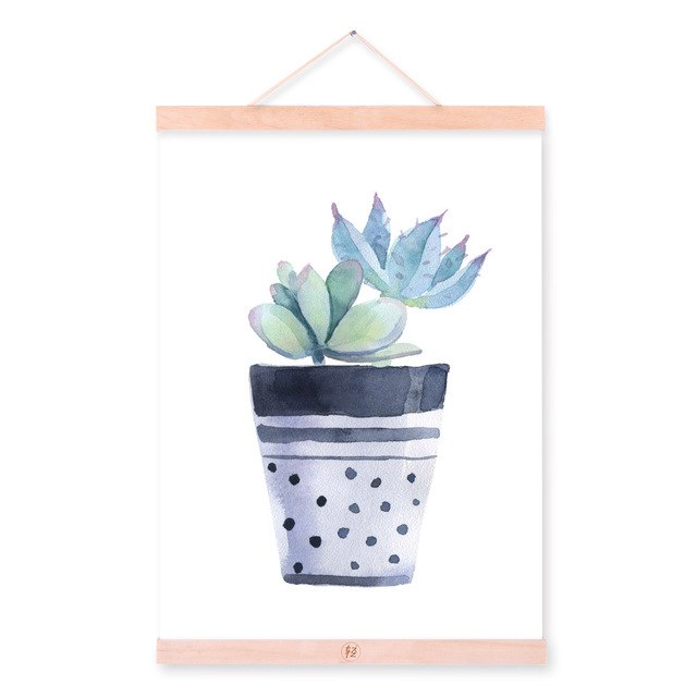 Watercolor Green Plant Cactus Succulent Cactus Wooden Framed Posters Nordic Wall Art Canvas Paintings Home Decor Pictures Scroll