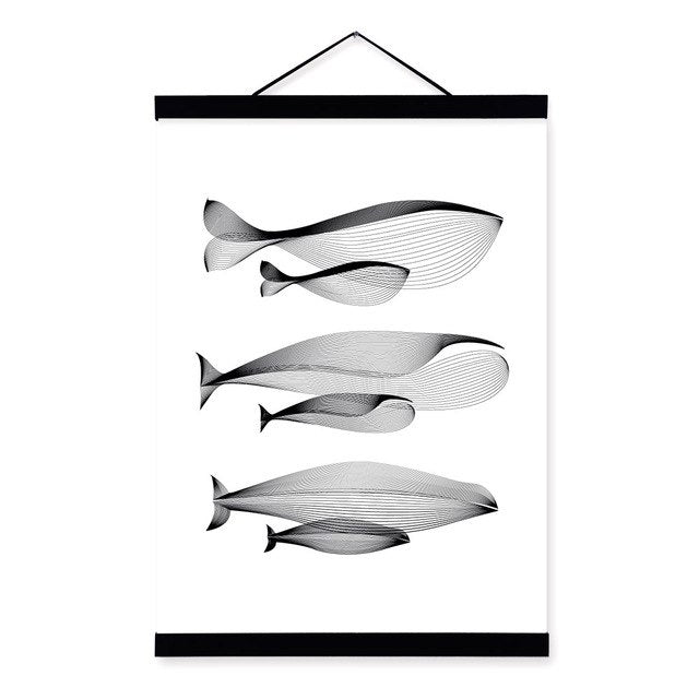 Black White Modern Abstract Whale Family Wooden Framed Canvas Paintings Minimalist Nordic Scroll Wall Art Pictures Poster Hanger