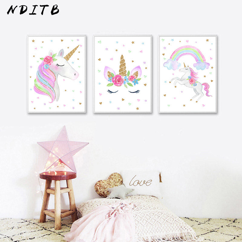 Cute Children Poster Rainbow Unicorn Canvas Wall Art Print Painting Decoration Picture