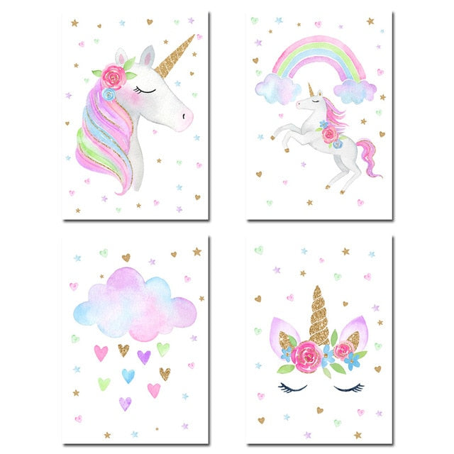 Cute Children Poster Rainbow Unicorn Canvas Wall Art Print Painting Decoration Picture