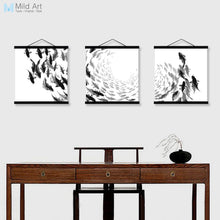 Load image into Gallery viewer, Oriental Black White Chinese Ink Calligraphy Fish Wooden Framed Canvas Paintings Home Decor Wall Art Print Picture Poster Scroll
