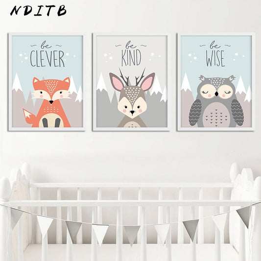 Woodland Animal Owl Deer Posters Nursery Prints Wall Art Canvas Painting Nordic Picture