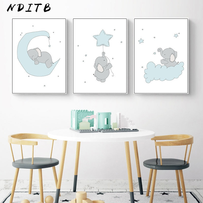Cute Cartoon Elephant Moon Canvas Art Painting Posters Prints Decorative Picture Baby