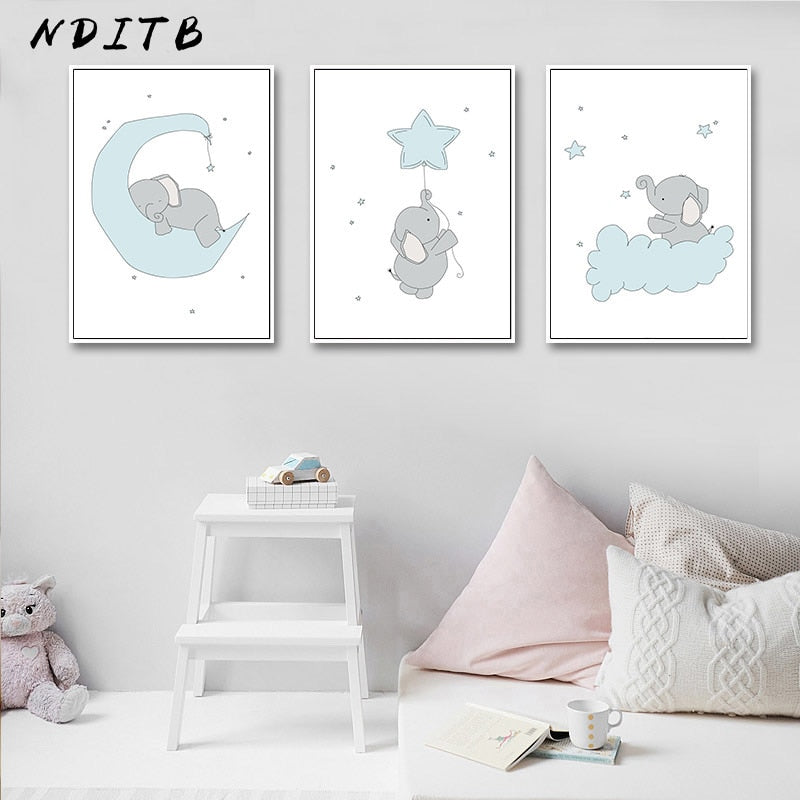 Cute Cartoon Elephant Moon Canvas Art Painting Posters Prints Decorative Picture Baby