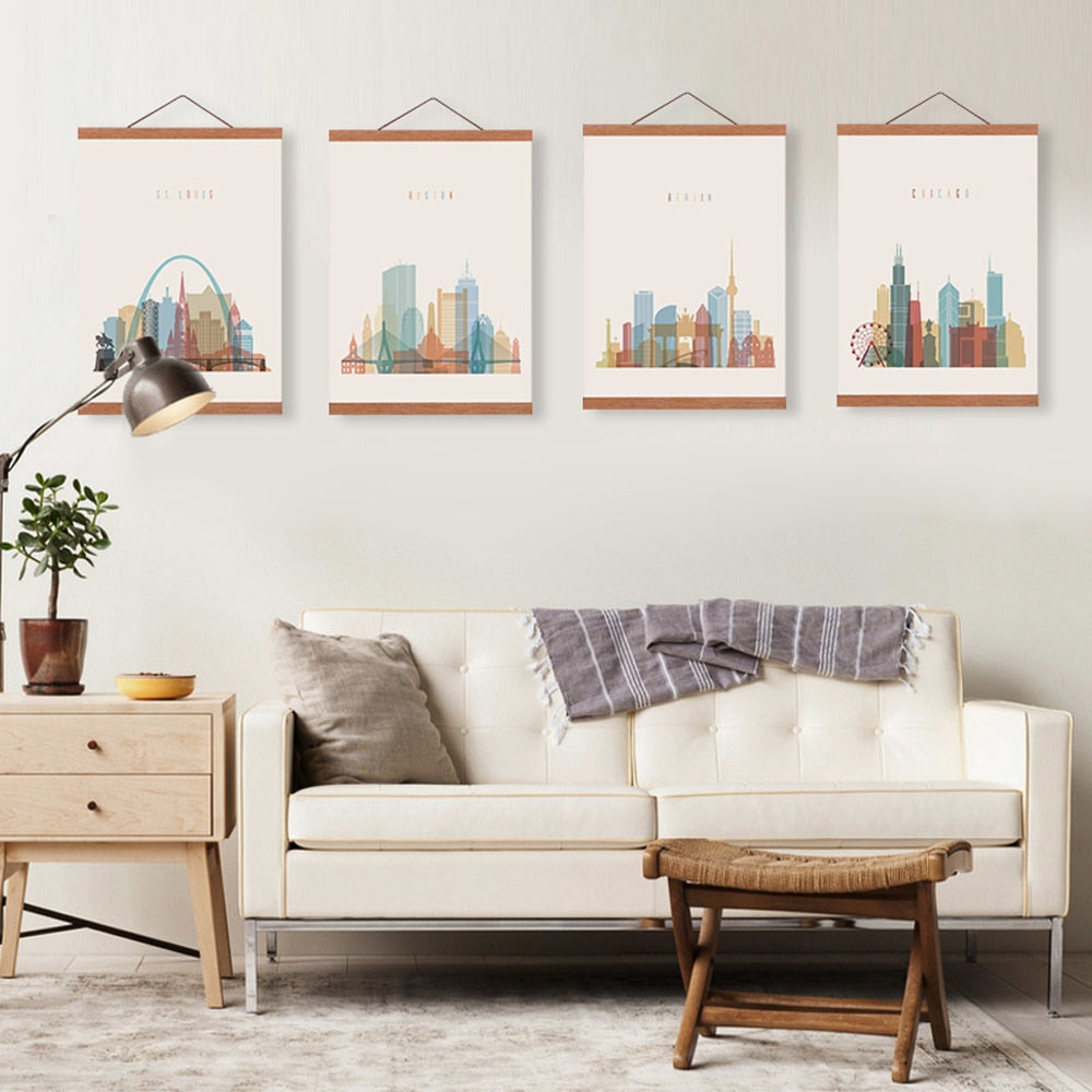 Abstract World City Travel New York Wooden Framed Canvas Paintings Vintage Home Decor Big Scroll Wall Art Pictures Poster Hanger