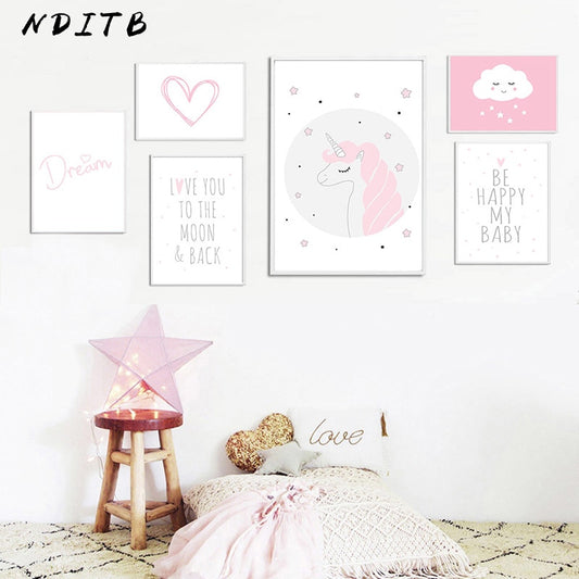 Baby Girl Nursery Wall Art Canvas Painting Pink Unicorn Cartoon Posters and Prints Nordic