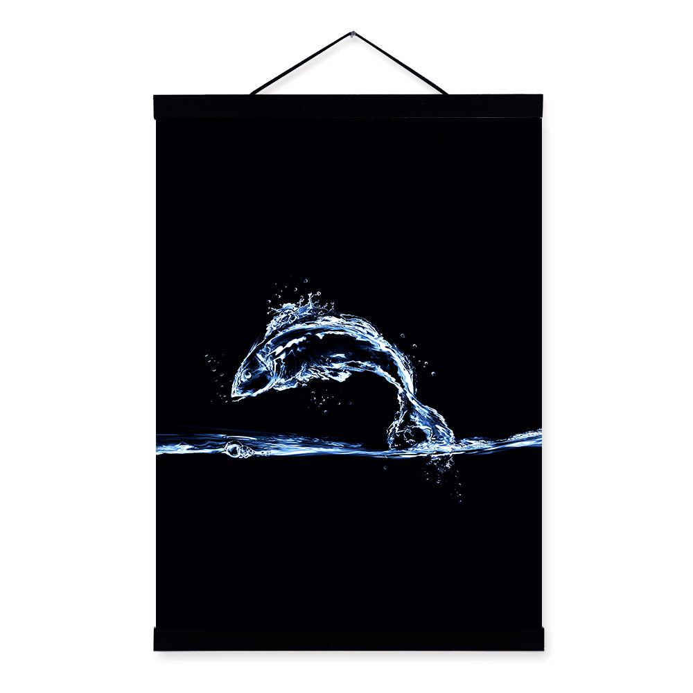 Black Abstract Water Drop Fish Whale Shark Poster Wooden Framed Canvas Painting Living Room Home Decor Wall Art Pictures Scroll