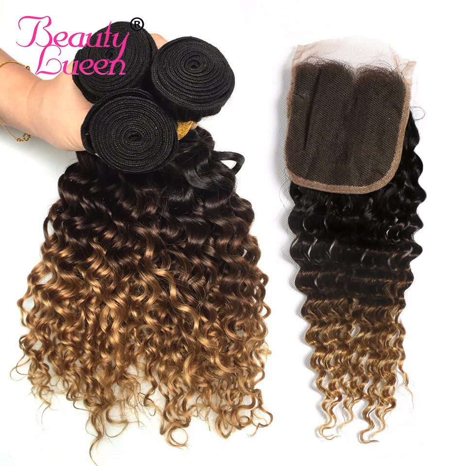 Ombre Human Hair Bundles With Closure Honey Blonde Deep Wave Brazilian Remy Hair Weave 3 Bundles With Closure 1B 4/27 Malaysian