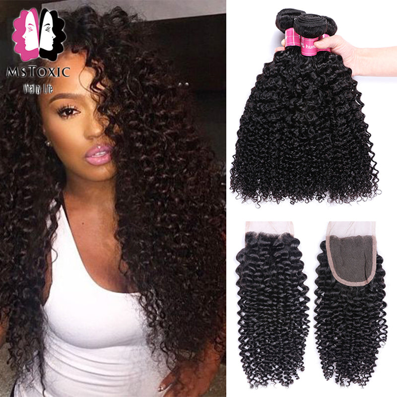 Mstoxic Afro Kinky Curly Bundles With Closure Non-Remy Human Hair Bundles With Closure Brazilian Hair Weave Bundles With Closure