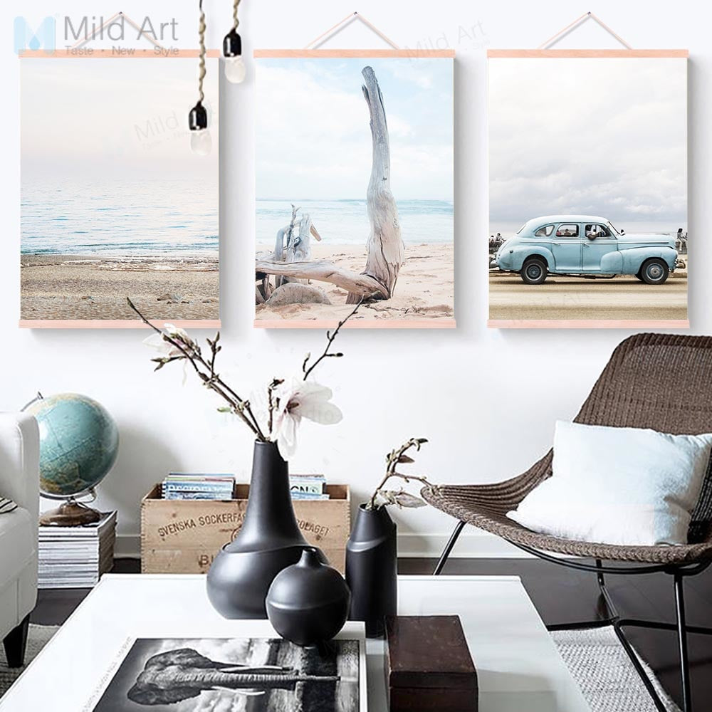 Sea Beach Tree Landscape Vintage Car Wooden Framed Poster Prints Scandinavian Wall Art Picture Home Decor Canvas Painting Scroll