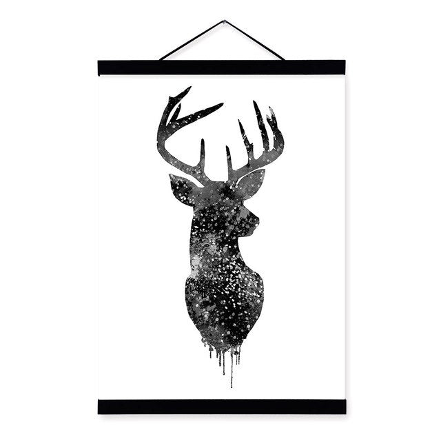 Watercolor Deer Head Wooden Framed Canvas Paintings Nordic Style Living Room Wall Art Pictures Home Decor Posters Hanger Scroll