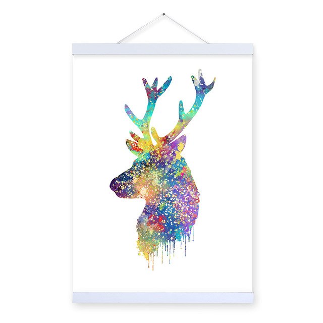 Watercolor Deer Head Wooden Framed Canvas Paintings Nordic Style Living Room Wall Art Pictures Home Decor Posters Hanger Scroll