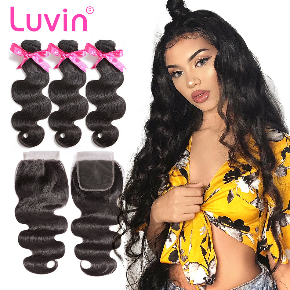 Luvin Cheap Brazilian Hair Weave Bundles Body Wave Human Hair 3 4 Bundles With Closure Wavy And Lace Closure Remy Hair Extension