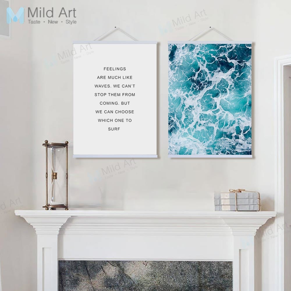 Modern Minimalist Blue Sea Ocean Wave Life Quotes Wooden Framed Posters Nordic Home Decor Print Wall Art Canvas Paintings Scroll