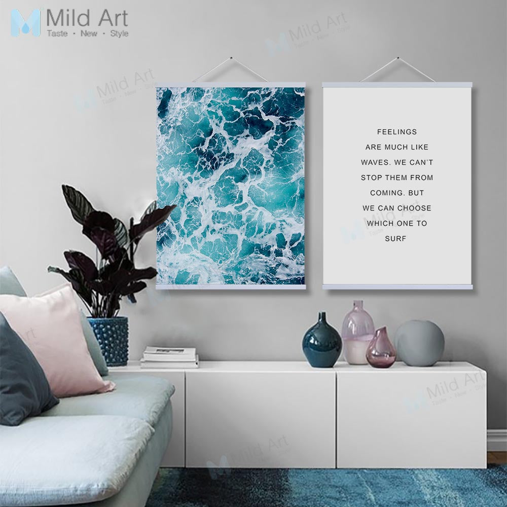 Modern Minimalist Blue Sea Ocean Wave Life Quotes Wooden Framed Posters Nordic Home Decor Print Wall Art Canvas Paintings Scroll