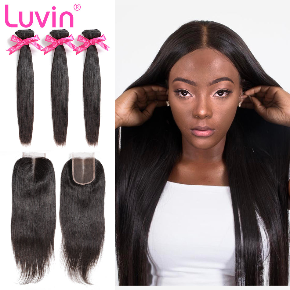 Luvin Cheap Brazilian Hair Weave Bundles Straight Hair Human Hair 3 4 Bundles With Closure 4x4 Lace Closure Remy Hair Extension